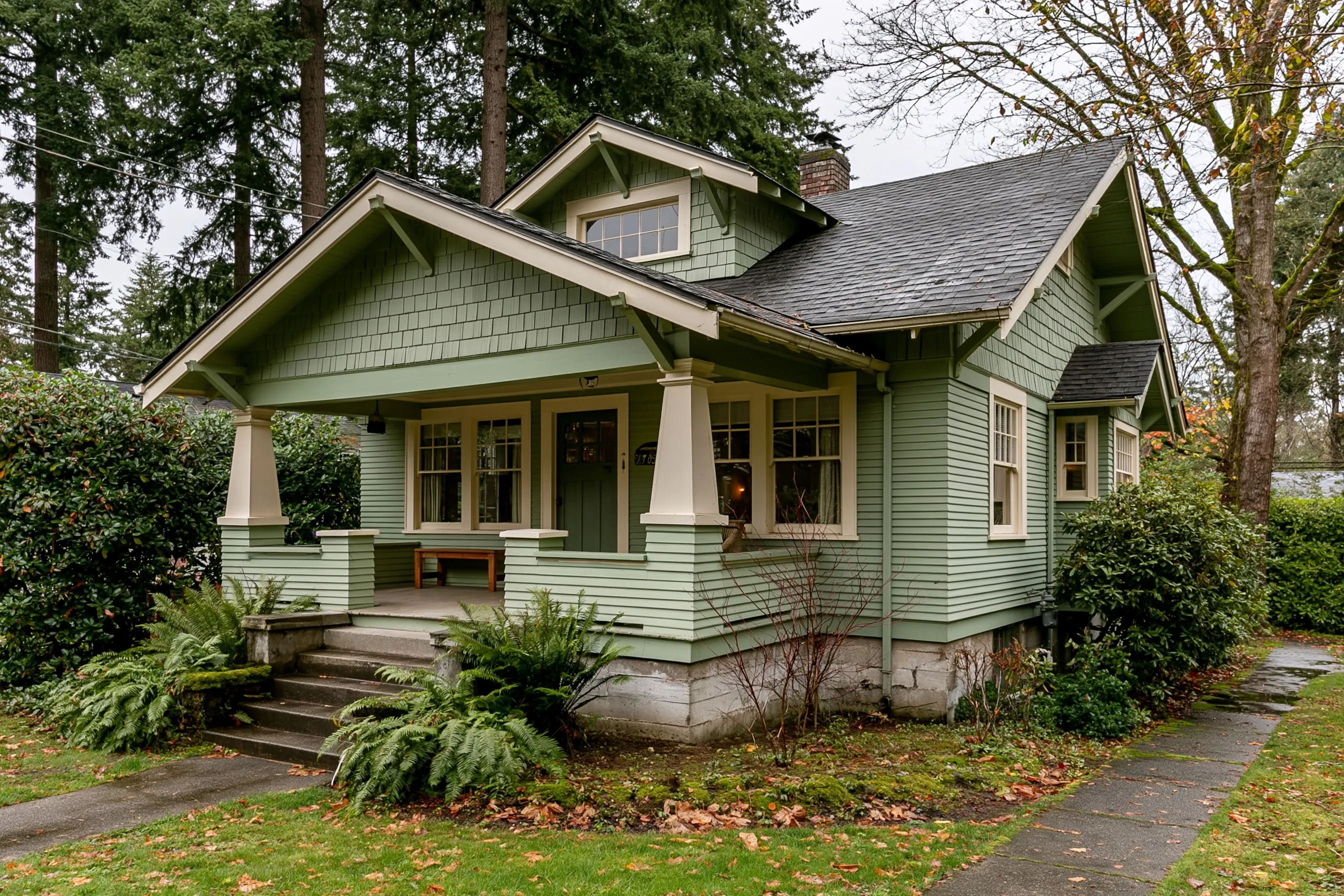 A Craftsman bungalow with a wide porch and tapered columns, a concrete foundation stem wall at the base and tall Douglas firs behind