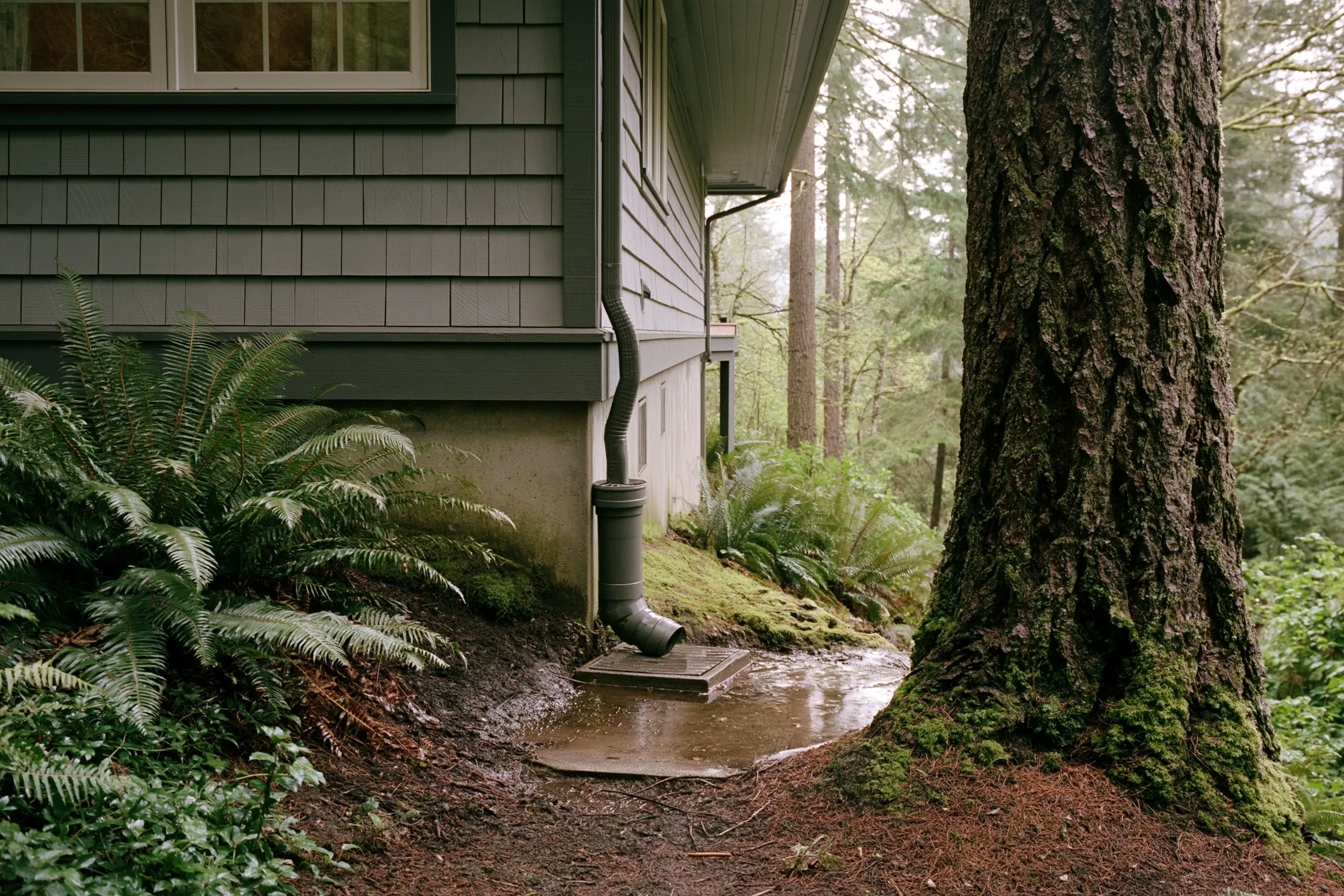 Downspout discharging beside the foundation on a sloped lot, water pooled around the splash block, ferns and a fir trunk