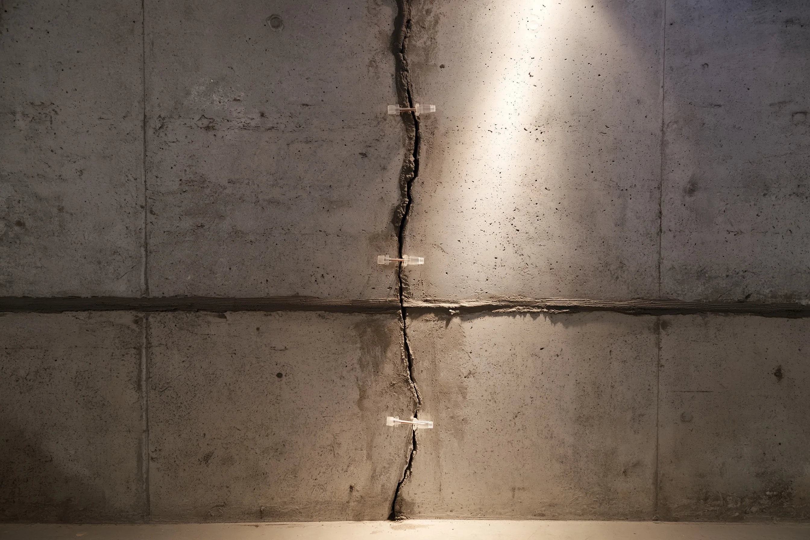 Interior concrete wall with a vertical crack sealed along its length with a surface bead and small plastic injection ports spaced along it